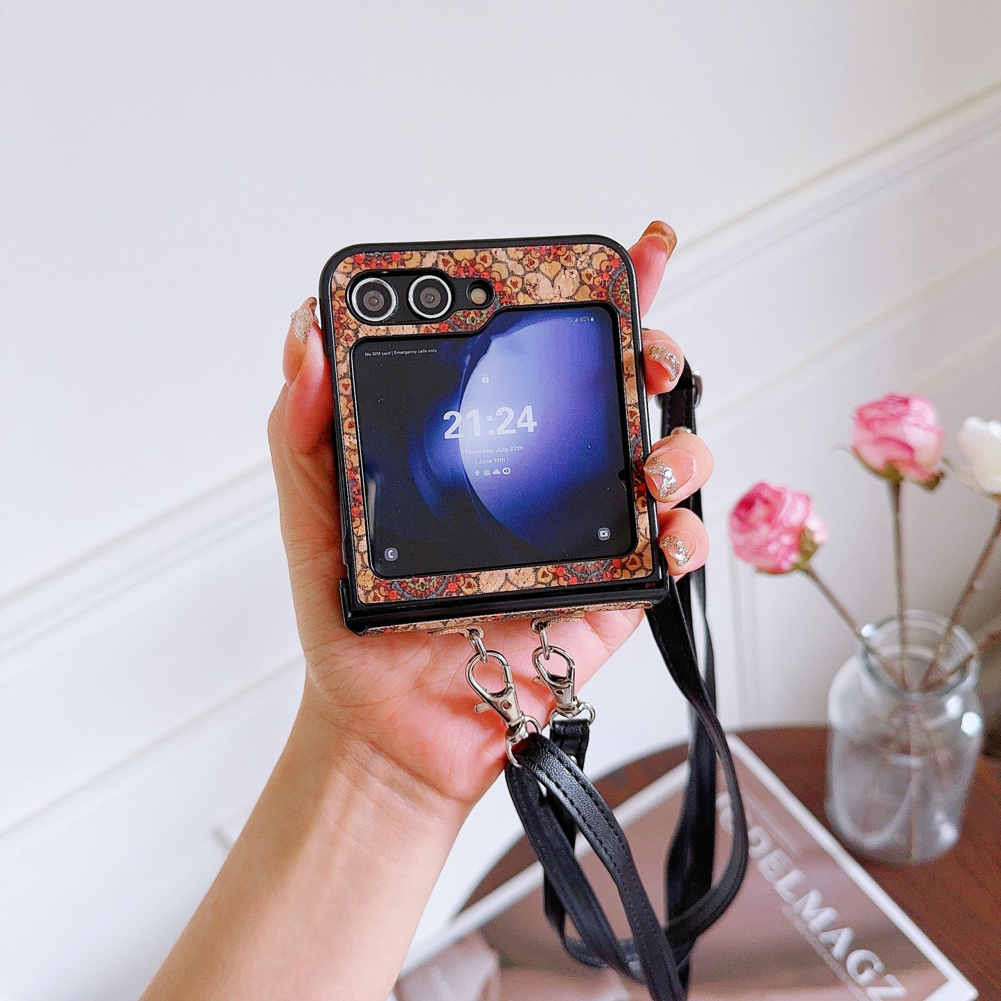 For Samsung Galaxy Z Flip6 5G Floral Pattern PU Leather Coated PC Phone Cover with Crossbody Strap - Ethnic Floral