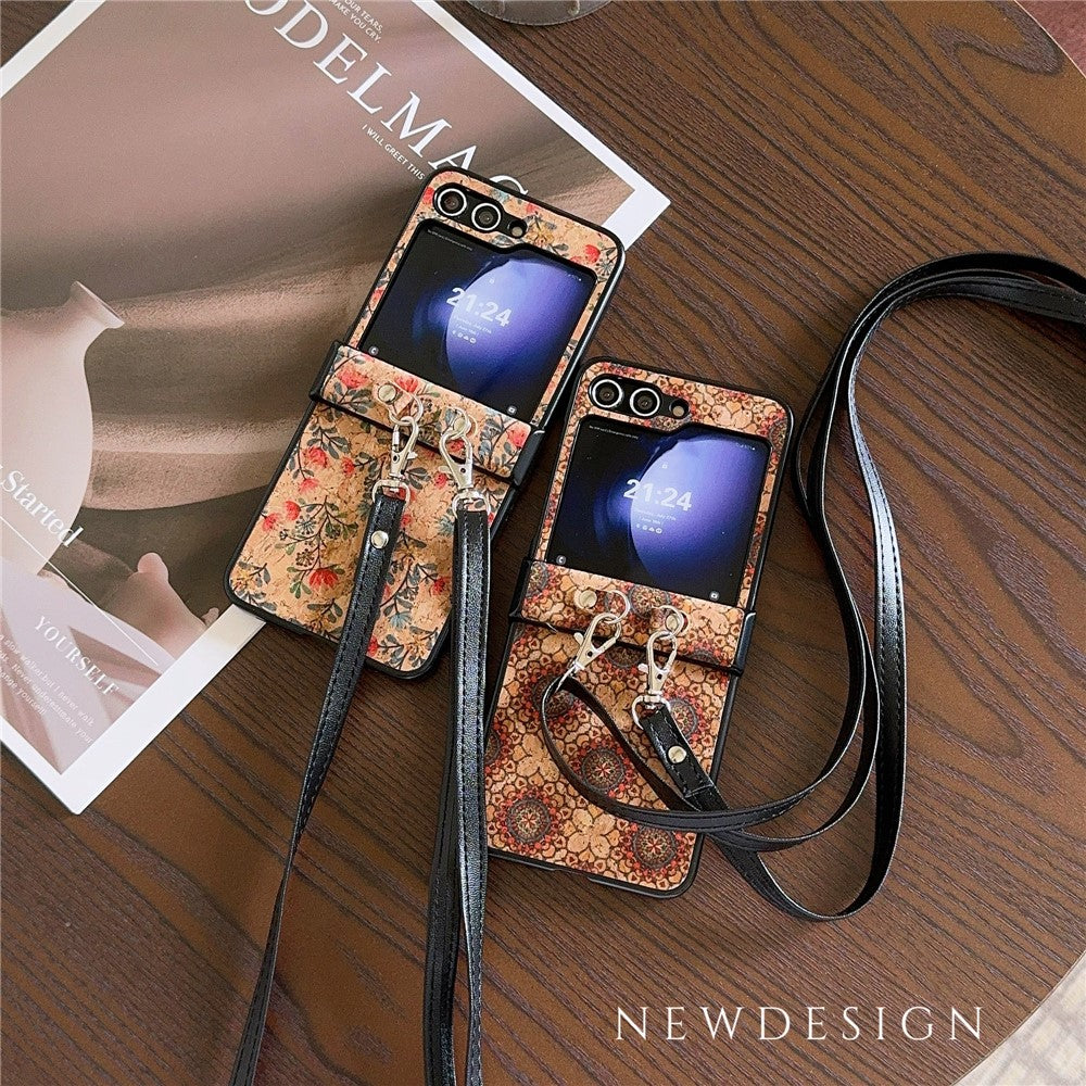For Samsung Galaxy Z Flip7 FE 5G / Z Flip6 5G Floral Pattern PU Leather Coated PC Phone Cover with Crossbody Strap - Ethnic Floral