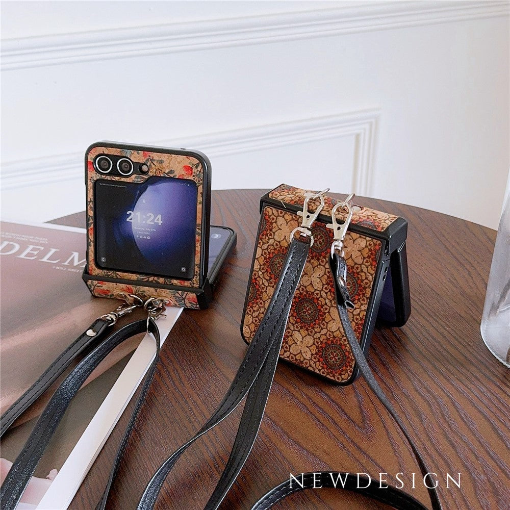 For Samsung Galaxy Z Flip7 FE 5G / Z Flip6 5G Floral Pattern PU Leather Coated PC Phone Cover with Crossbody Strap - Ethnic Floral