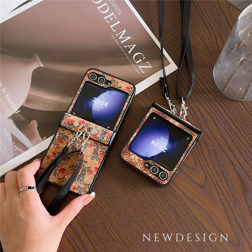 For Samsung Galaxy Z Flip7 FE 5G / Z Flip6 5G Floral Pattern PU Leather Coated PC Phone Cover with Crossbody Strap - Ethnic Floral