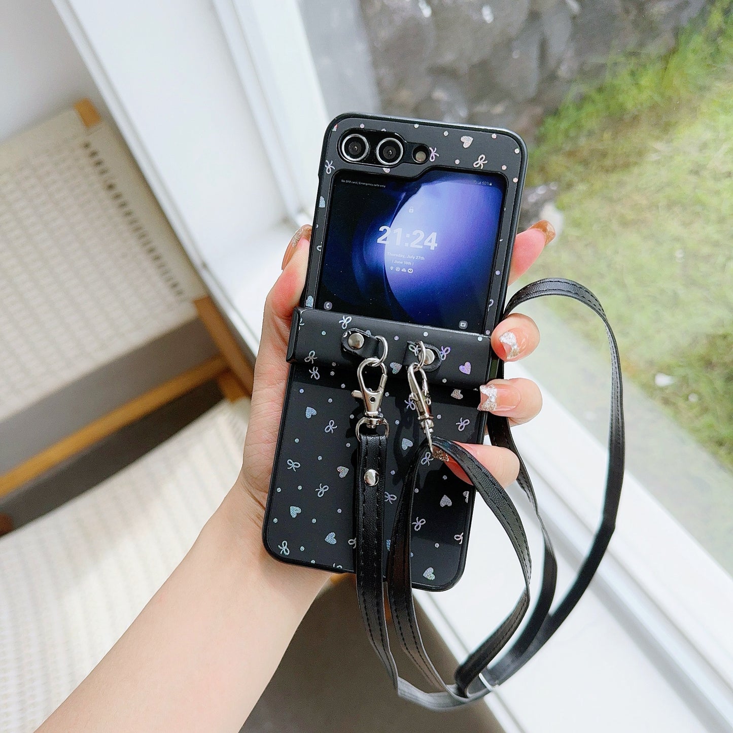 For Samsung Galaxy Z Flip6 5G Heart and Bowknot Pattern PU Leather + PC Phone Cover with Crossbody Strap - Black