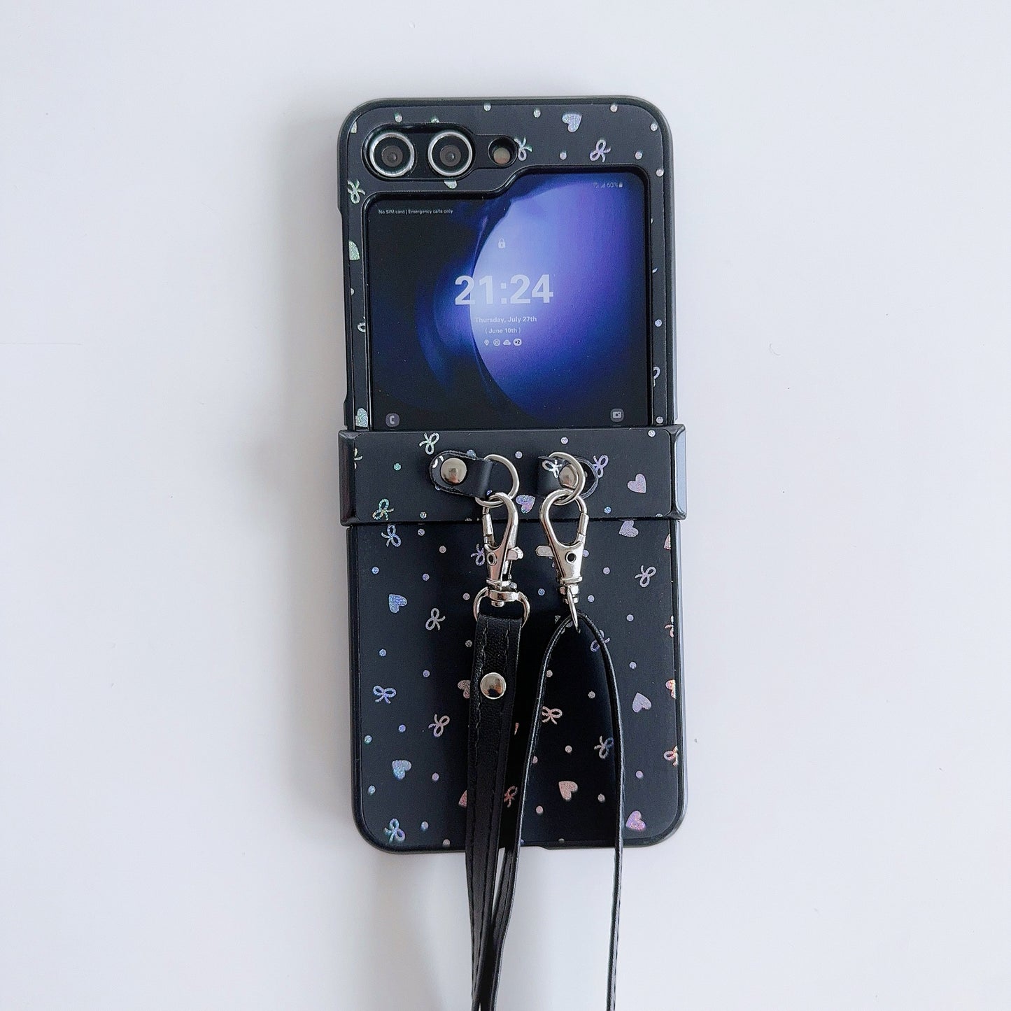 For Samsung Galaxy Z Flip6 5G Heart and Bowknot Pattern PU Leather + PC Phone Cover with Crossbody Strap - Black