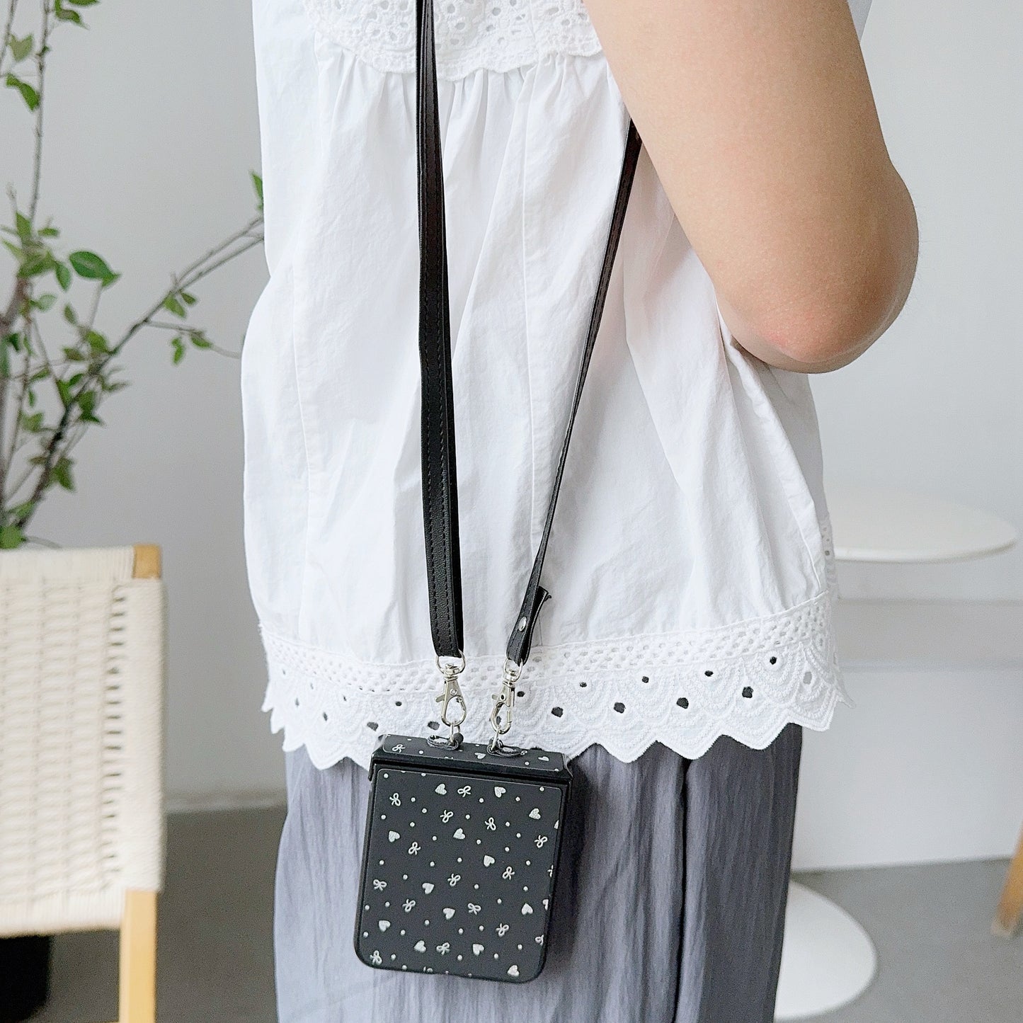 For Samsung Galaxy Z Flip6 5G Heart and Bowknot Pattern PU Leather + PC Phone Cover with Crossbody Strap - Black