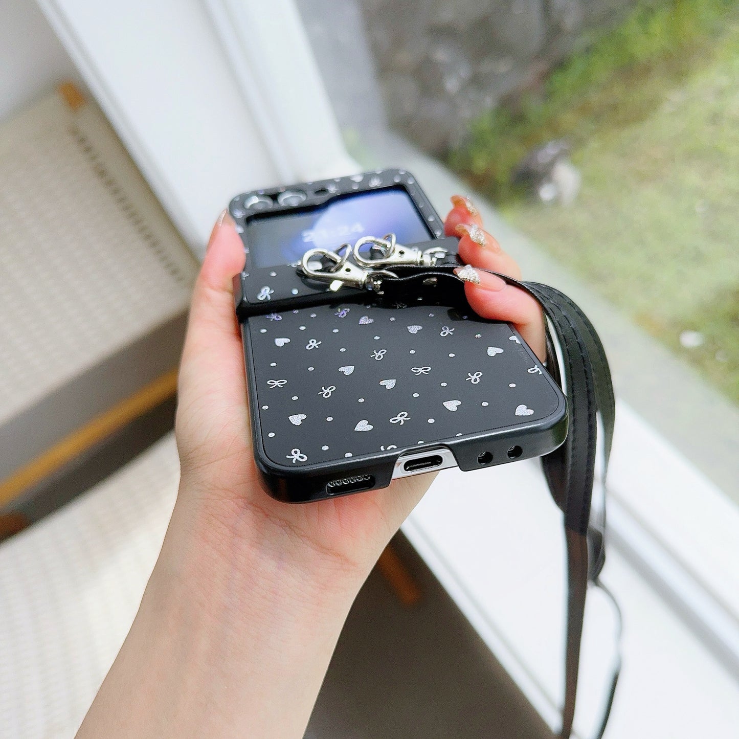 For Samsung Galaxy Z Flip6 5G Heart and Bowknot Pattern PU Leather + PC Phone Cover with Crossbody Strap - Black