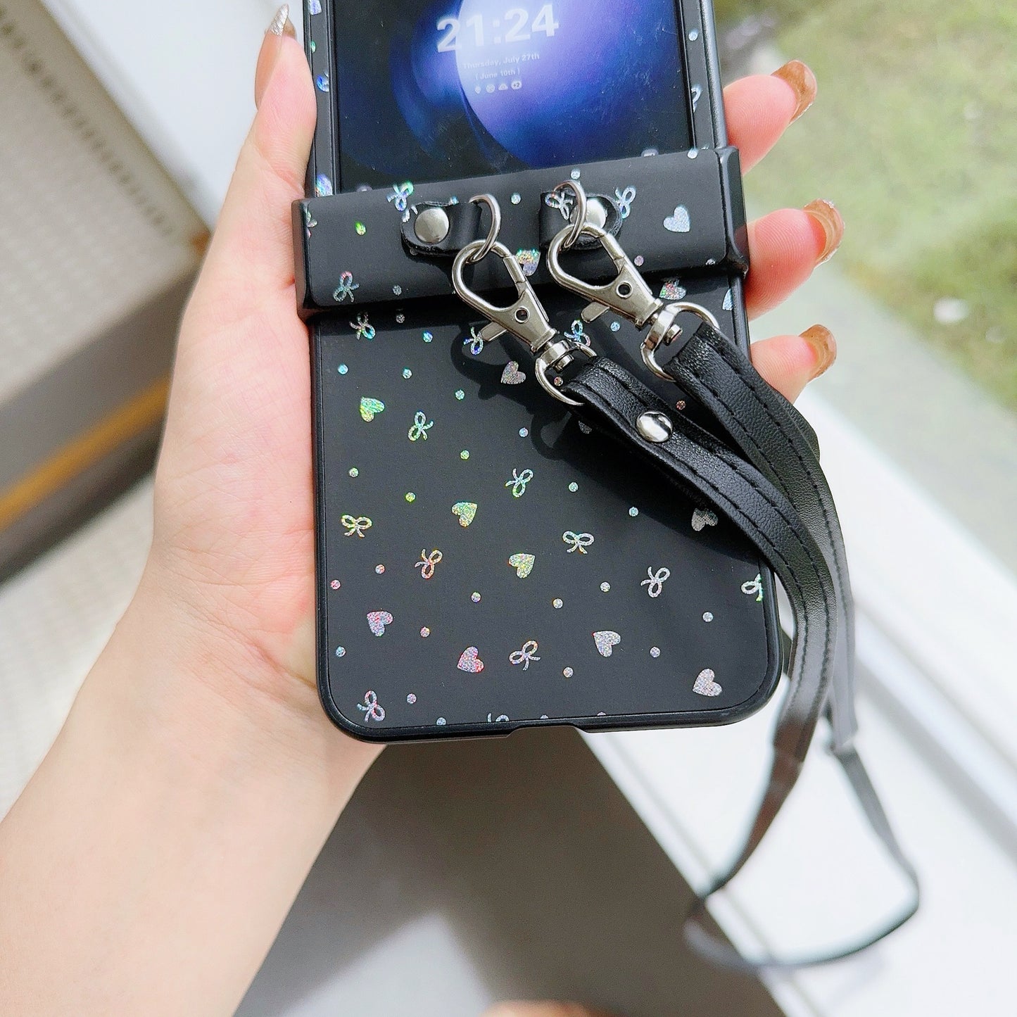 For Samsung Galaxy Z Flip6 5G Heart and Bowknot Pattern PU Leather + PC Phone Cover with Crossbody Strap - Black