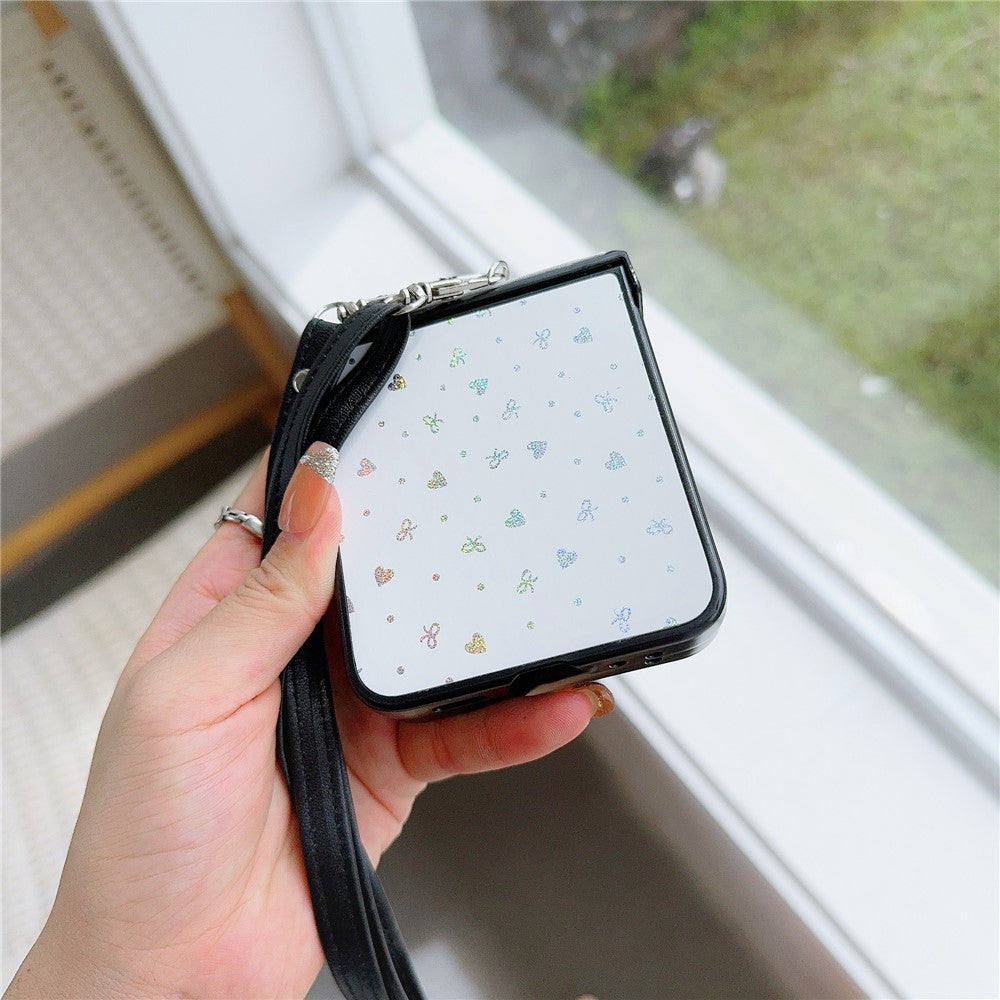 For Samsung Galaxy Z Flip7 FE 5G / Z Flip6 5G / Z Flip5 5G Heart and Bowknot Pattern PU Leather + PC Phone Cover with Crossbody Strap - White