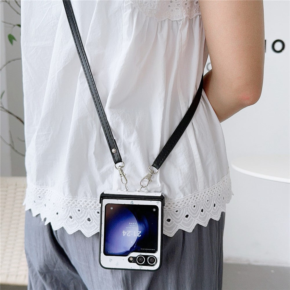 For Samsung Galaxy Z Flip7 FE 5G / Z Flip6 5G / Z Flip5 5G Heart and Bowknot Pattern PU Leather + PC Phone Cover with Crossbody Strap - White