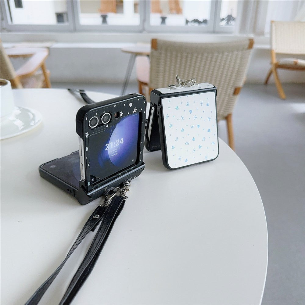 For Samsung Galaxy Z Flip7 FE 5G / Z Flip6 5G / Z Flip5 5G Heart and Bowknot Pattern PU Leather + PC Phone Cover with Crossbody Strap - White