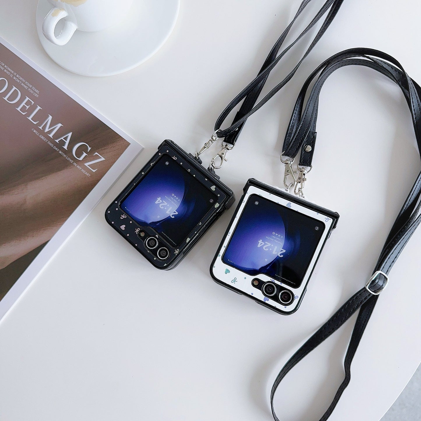 For Samsung Galaxy Z Flip6 5G Heart and Bowknot Pattern PU Leather + PC Phone Cover with Crossbody Strap - White