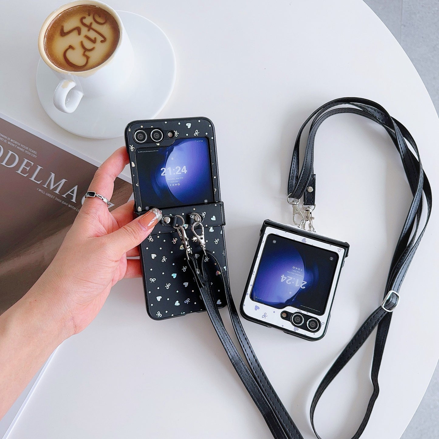 For Samsung Galaxy Z Flip6 5G Heart and Bowknot Pattern PU Leather + PC Phone Cover with Crossbody Strap - White