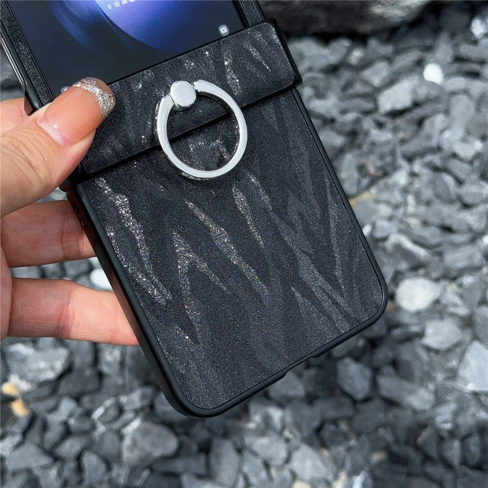 For Samsung Galaxy Z Flip7 FE 5G / Z Flip6 5G Feather Pattern PU Leather Coated PC Phone Cover with Ring Kickstand - Black