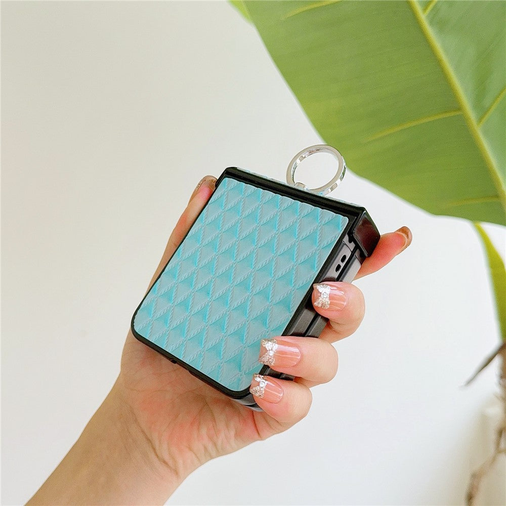 For Samsung Galaxy Z Flip7 FE 5G / Z Flip6 5G Rhombus Imprinted PU Leather Coated PC Phone Cover with Ring Kickstand - Baby Blue