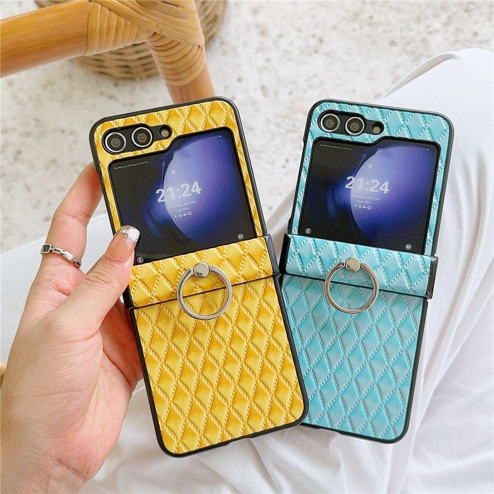 For Samsung Galaxy Z Flip7 FE 5G / Z Flip6 5G Rhombus Imprinted PU Leather Coated PC Phone Cover with Ring Kickstand - Baby Blue
