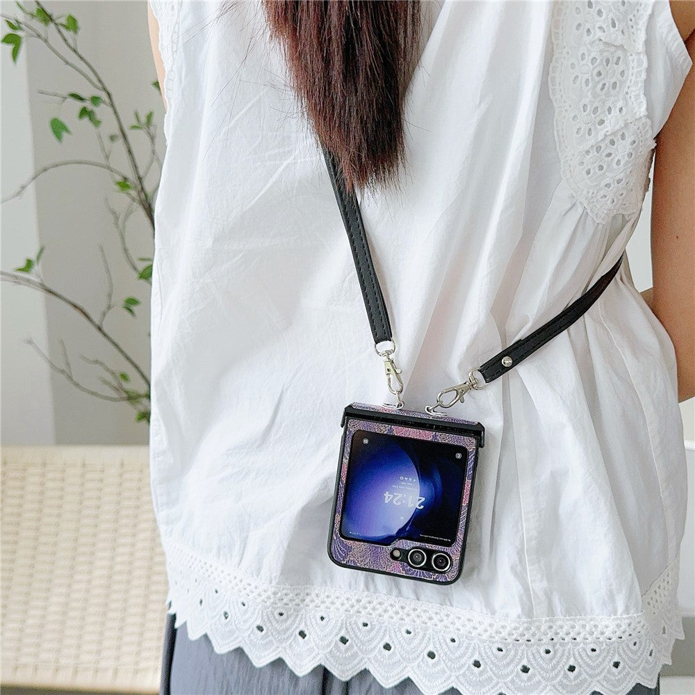 For Samsung Galaxy Z Flip7 FE 5G / Z Flip6 5G Ethnic PU Leather Coated PC Phone Cover with Crossbody Strap - Purple