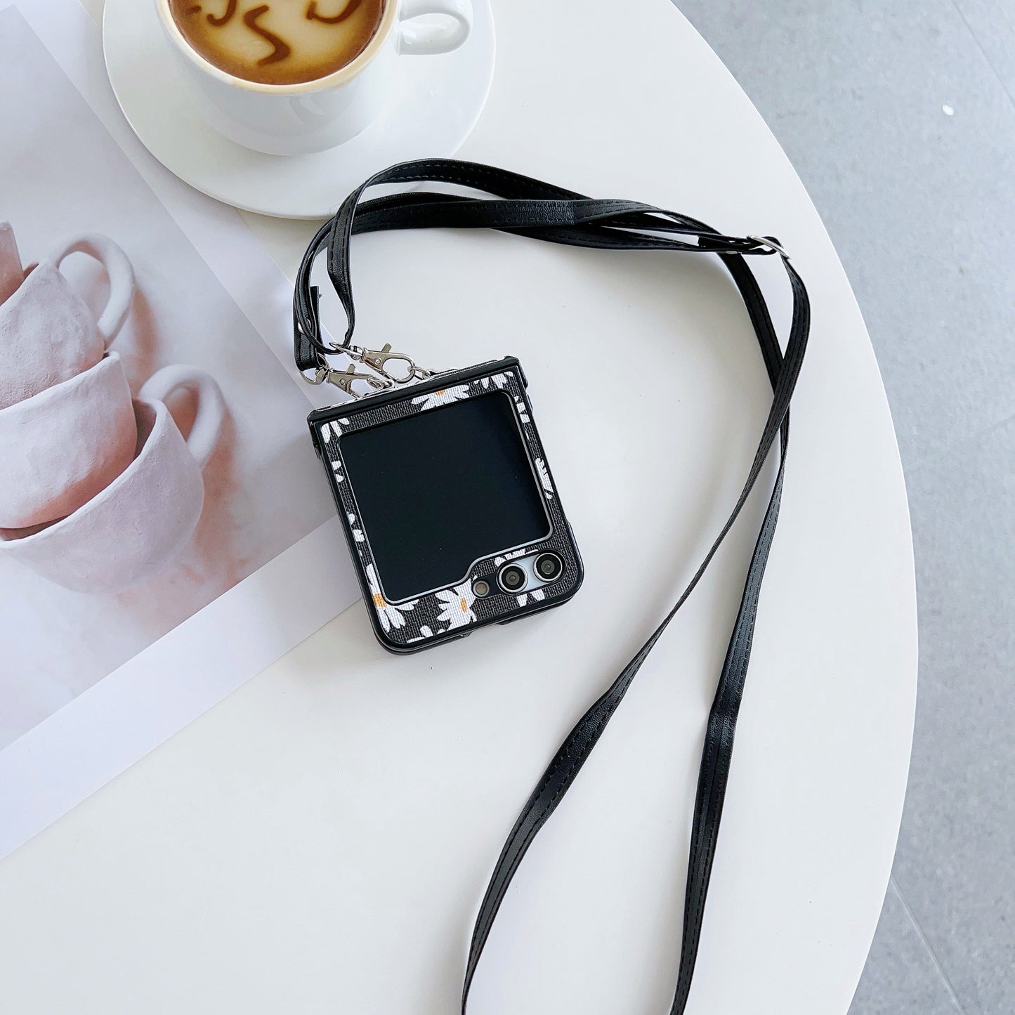 For Samsung Galaxy Z Flip6 5G Chrysanthemum Pattern PU Leather + PC Phone Cover with Crossbody Strap - Black