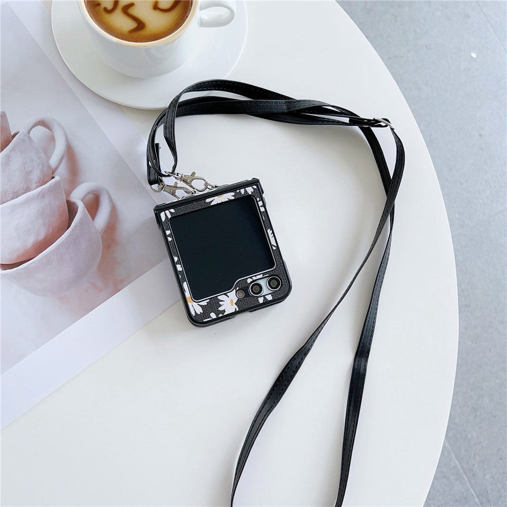 For Samsung Galaxy Z Flip7 FE 5G / Z Flip6 5G Chrysanthemum Pattern PU Leather + PC Phone Cover with Crossbody Strap - Black