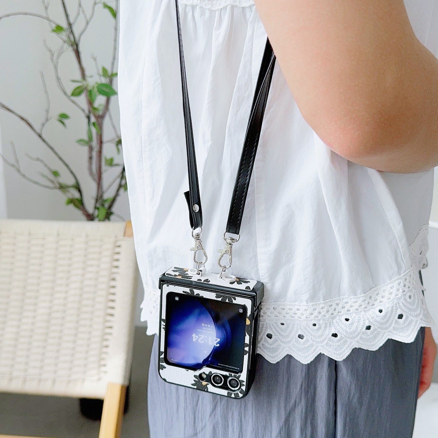 For Samsung Galaxy Z Flip6 5G Chrysanthemum Pattern PU Leather + PC Phone Cover with Crossbody Strap - White