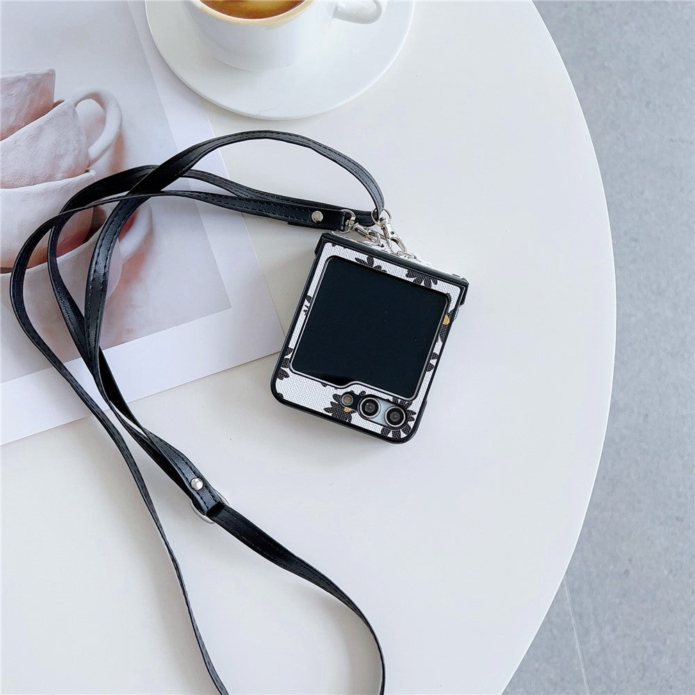 For Samsung Galaxy Z Flip7 FE 5G / Z Flip6 5G Chrysanthemum Pattern PU Leather + PC Phone Cover with Crossbody Strap - White