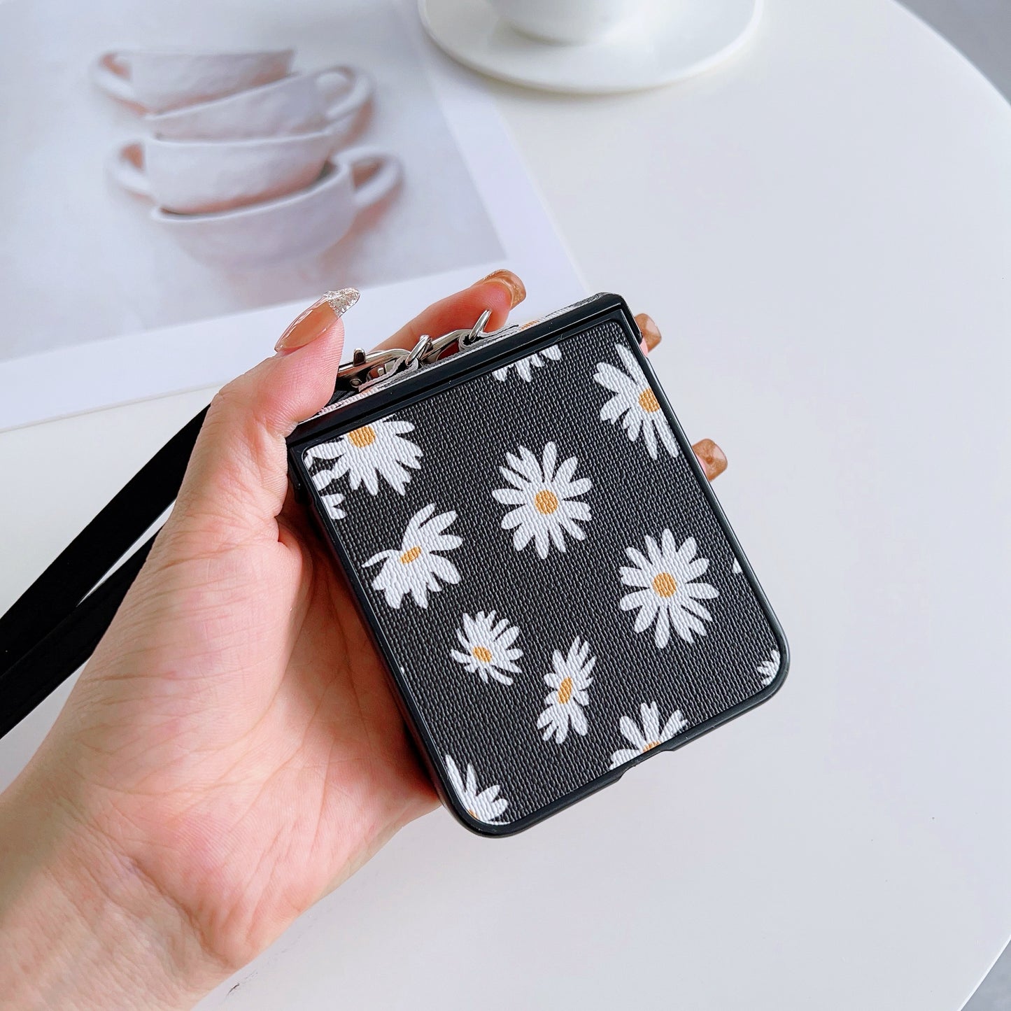 For Samsung Galaxy Z Flip6 5G Chrysanthemum Pattern PU Leather + PC Phone Cover with Crossbody Strap - White