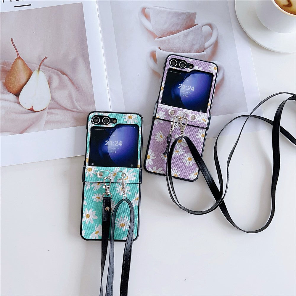 For Samsung Galaxy Z Flip7 FE 5G / Z Flip6 5G Chrysanthemum Pattern PU Leather + PC Phone Cover with Crossbody Strap - White
