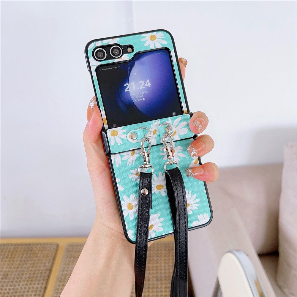 For Samsung Galaxy Z Flip7 FE 5G / Z Flip6 5G Chrysanthemum Pattern PU Leather + PC Phone Cover with Crossbody Strap - Blue