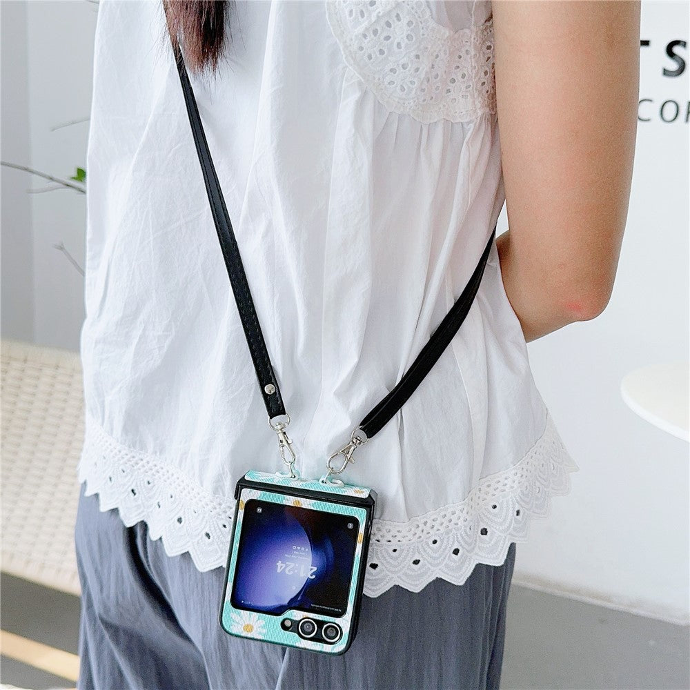 For Samsung Galaxy Z Flip7 FE 5G / Z Flip6 5G Chrysanthemum Pattern PU Leather + PC Phone Cover with Crossbody Strap - Blue