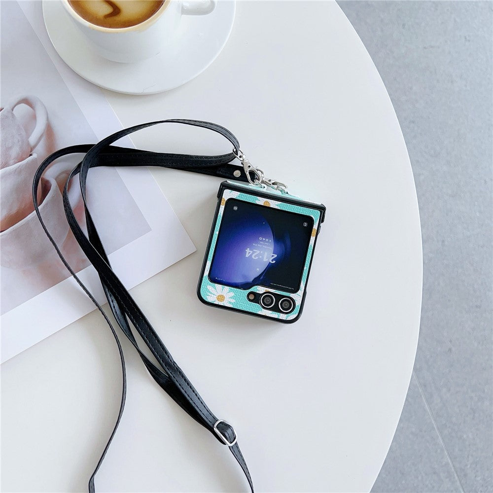 For Samsung Galaxy Z Flip7 FE 5G / Z Flip6 5G Chrysanthemum Pattern PU Leather + PC Phone Cover with Crossbody Strap - Blue