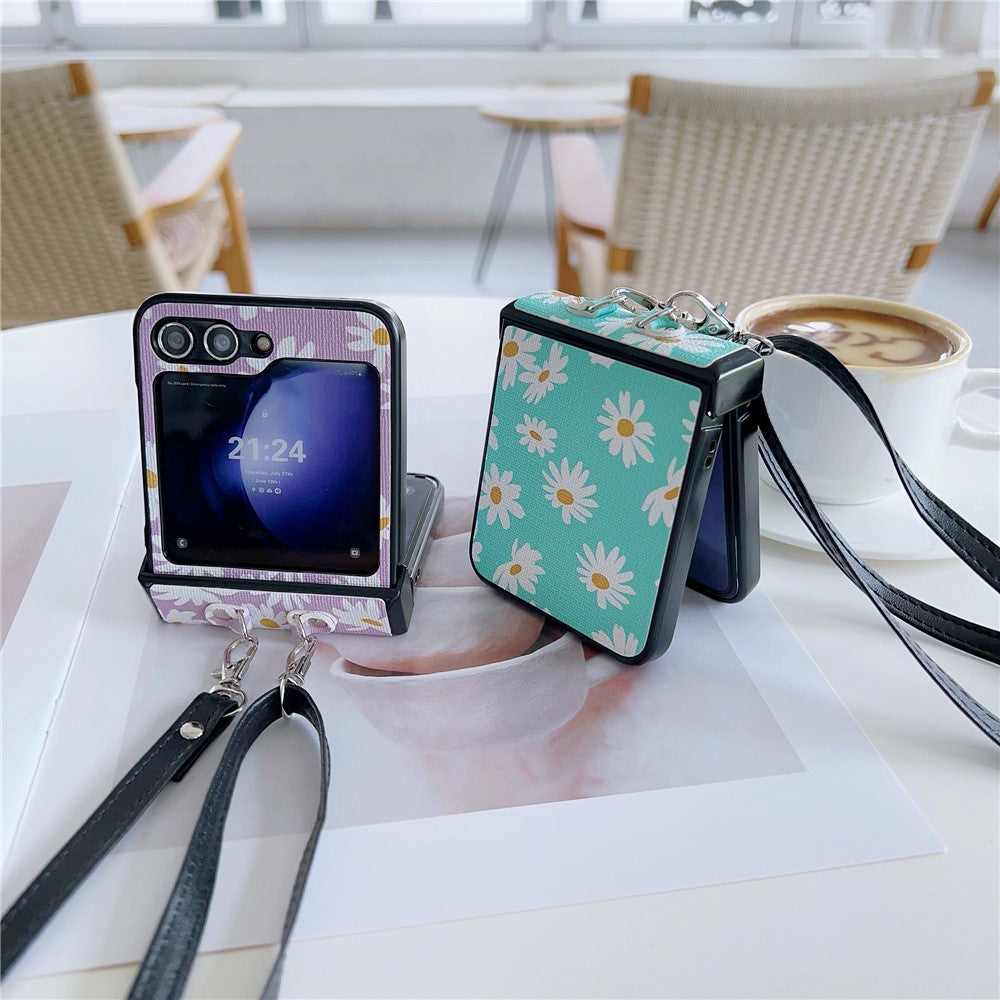 For Samsung Galaxy Z Flip7 FE 5G / Z Flip6 5G Chrysanthemum Pattern PU Leather + PC Phone Cover with Crossbody Strap - Blue