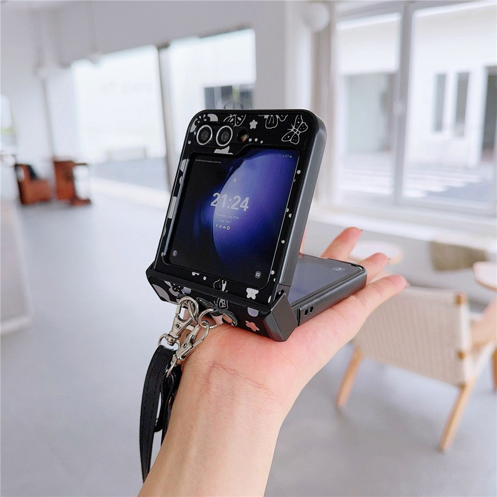 For Samsung Galaxy Z Flip7 FE 5G / Z Flip6 5G Butterfly and Flower Pattern PU Leather Coated PC Phone Cover with Crossbody Strap - Black
