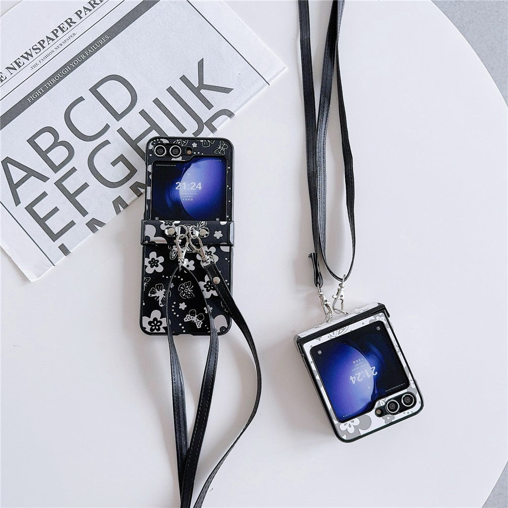 For Samsung Galaxy Z Flip7 FE 5G / Z Flip6 5G Butterfly and Flower Pattern PU Leather Coated PC Phone Cover with Crossbody Strap - Black