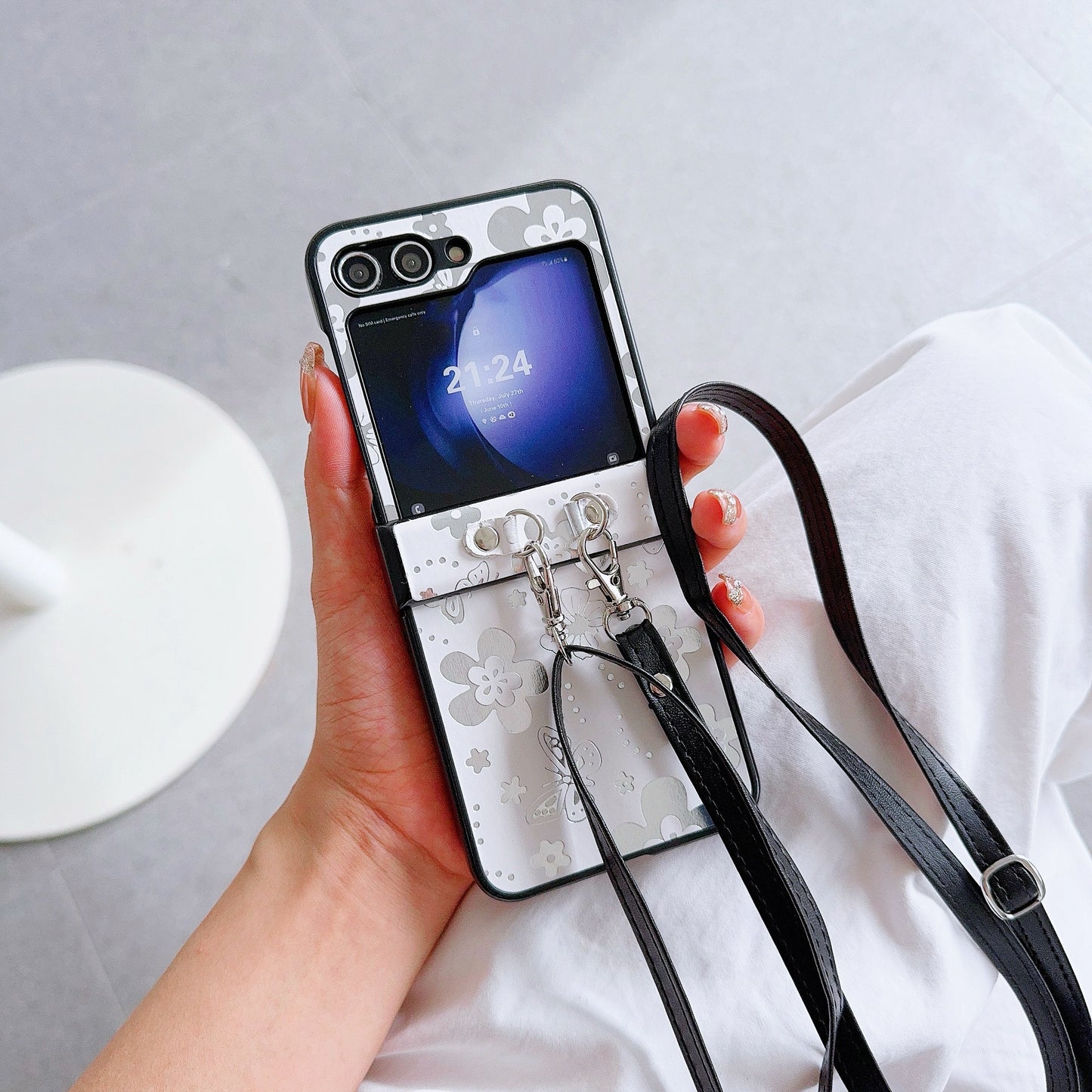 For Samsung Galaxy Z Flip6 5G Butterfly and Flower Pattern PU Leather Coated PC Phone Cover with Crossbody Strap - White