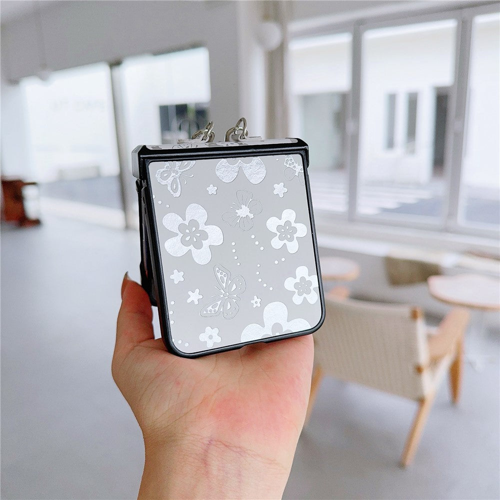 For Samsung Galaxy Z Flip7 FE 5G / Z Flip6 5G Butterfly and Flower Pattern PU Leather Coated PC Phone Cover with Crossbody Strap - White
