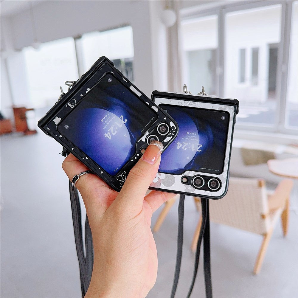 For Samsung Galaxy Z Flip7 FE 5G / Z Flip6 5G Butterfly and Flower Pattern PU Leather Coated PC Phone Cover with Crossbody Strap - White