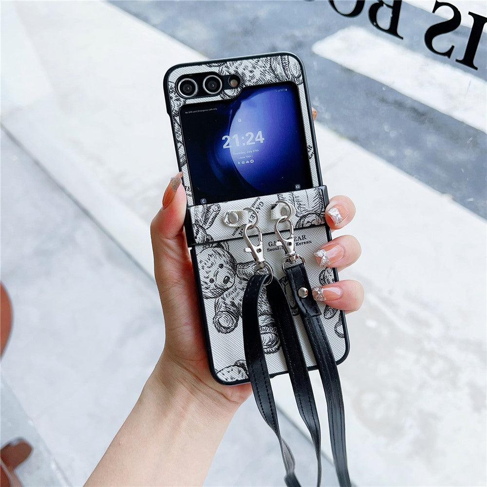 For Samsung Galaxy Z Flip7 FE 5G / Z Flip6 5G Case Cute Bear PU Leather Coated PC Phone Cover with Crossbody Strap - Grey
