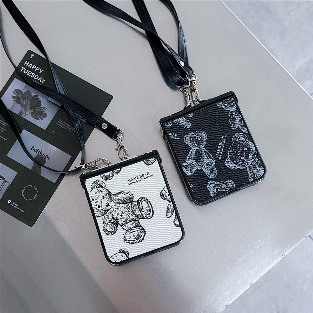 For Samsung Galaxy Z Flip7 FE 5G / Z Flip6 5G Case Cute Bear PU Leather Coated PC Phone Cover with Crossbody Strap - Grey
