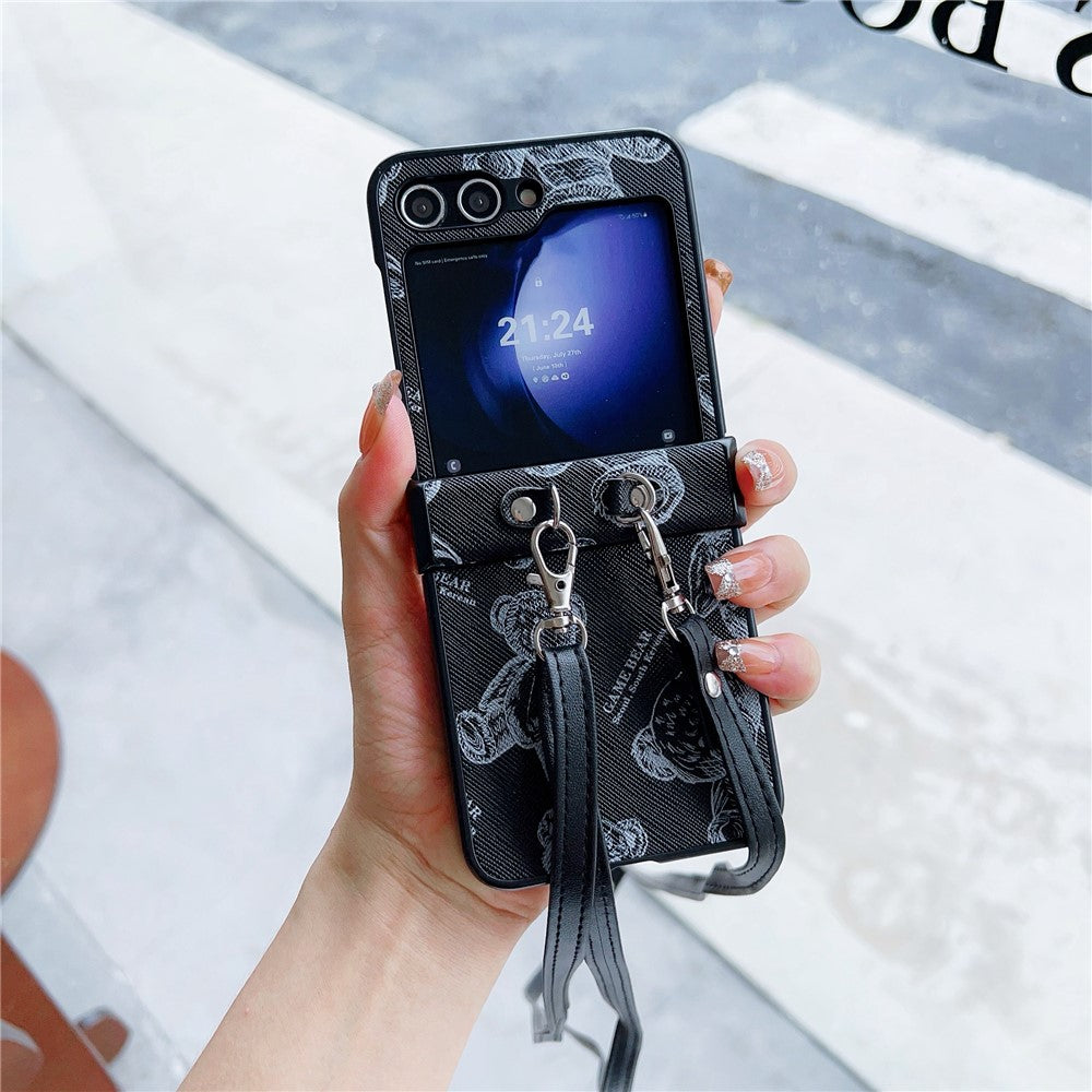 For Samsung Galaxy Z Flip7 FE 5G / Z Flip6 5G Case Cute Bear PU Leather Coated PC Phone Cover with Crossbody Strap - Black