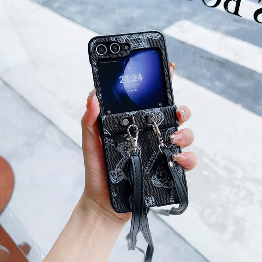For Samsung Galaxy Z Flip7 FE 5G / Z Flip6 5G Case Cute Bear PU Leather Coated PC Phone Cover with Crossbody Strap - Black