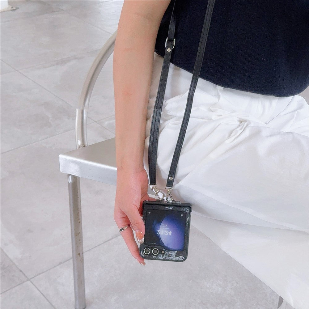 For Samsung Galaxy Z Flip7 FE 5G / Z Flip6 5G Case Cute Bear PU Leather Coated PC Phone Cover with Crossbody Strap - Black