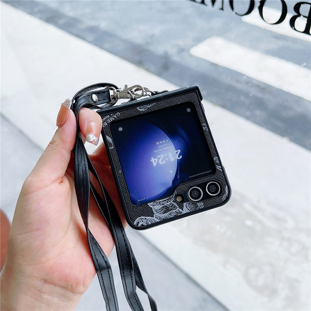 For Samsung Galaxy Z Flip7 FE 5G / Z Flip6 5G Case Cute Bear PU Leather Coated PC Phone Cover with Crossbody Strap - Black