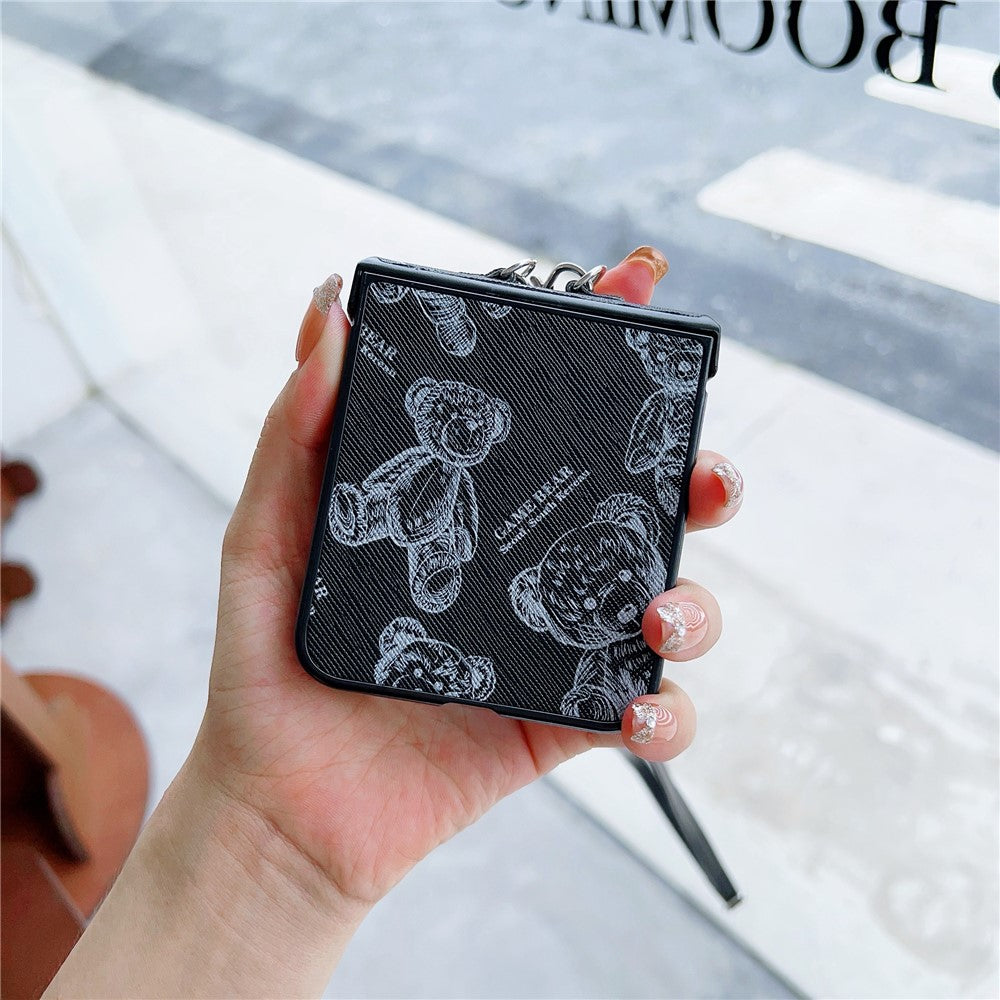For Samsung Galaxy Z Flip7 FE 5G / Z Flip6 5G Case Cute Bear PU Leather Coated PC Phone Cover with Crossbody Strap - Black