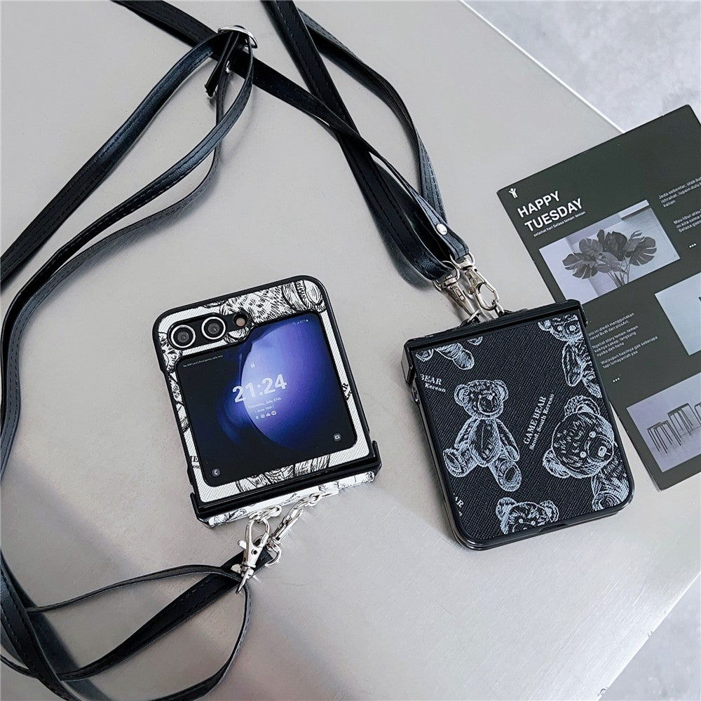 For Samsung Galaxy Z Flip7 FE 5G / Z Flip6 5G Case Cute Bear PU Leather Coated PC Phone Cover with Crossbody Strap - Black