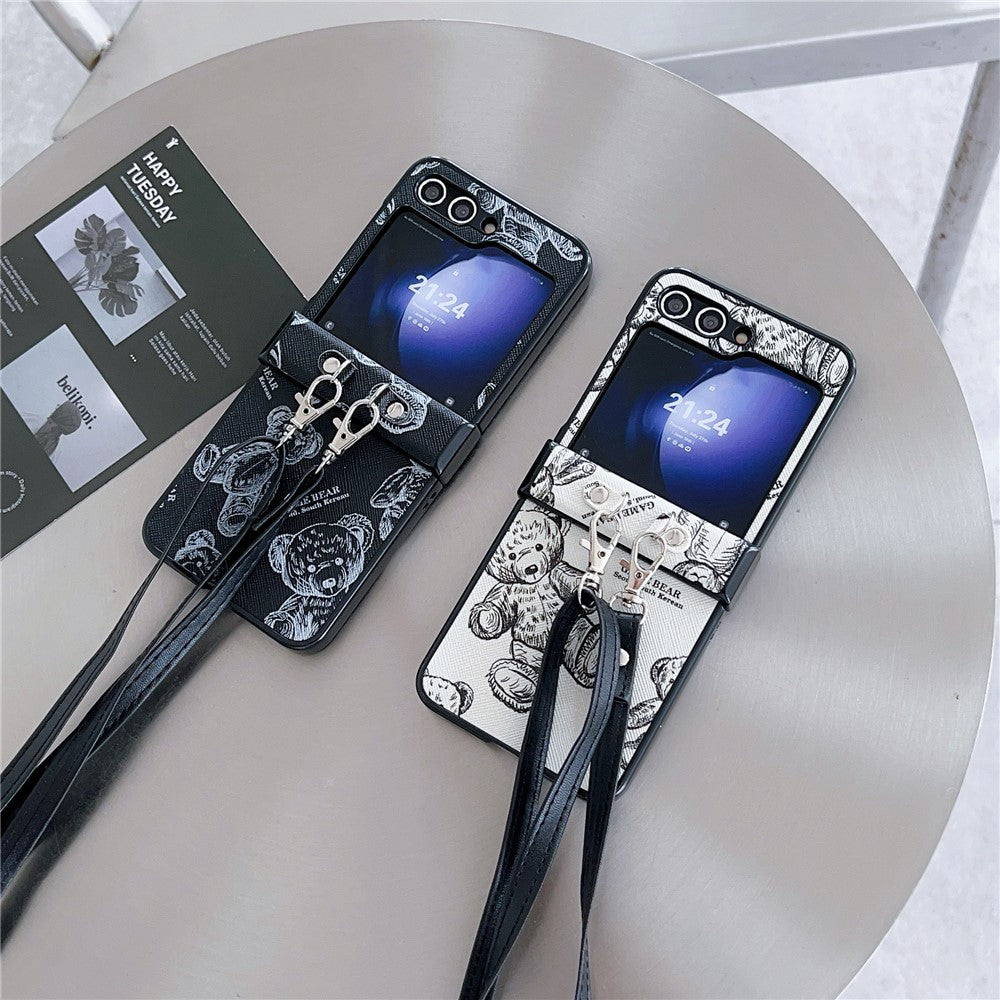 For Samsung Galaxy Z Flip7 FE 5G / Z Flip6 5G Case Cute Bear PU Leather Coated PC Phone Cover with Crossbody Strap - Black