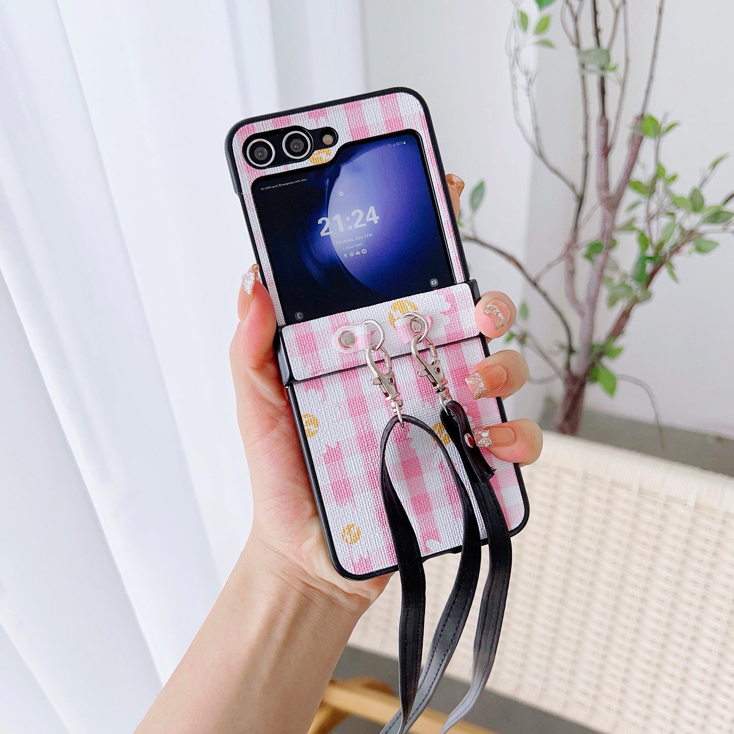 For Samsung Galaxy Z Flip6 5G Flower and Grids Pattern PU Leather Coated PC Phone Cover with Crossbody Strap - Pink+White