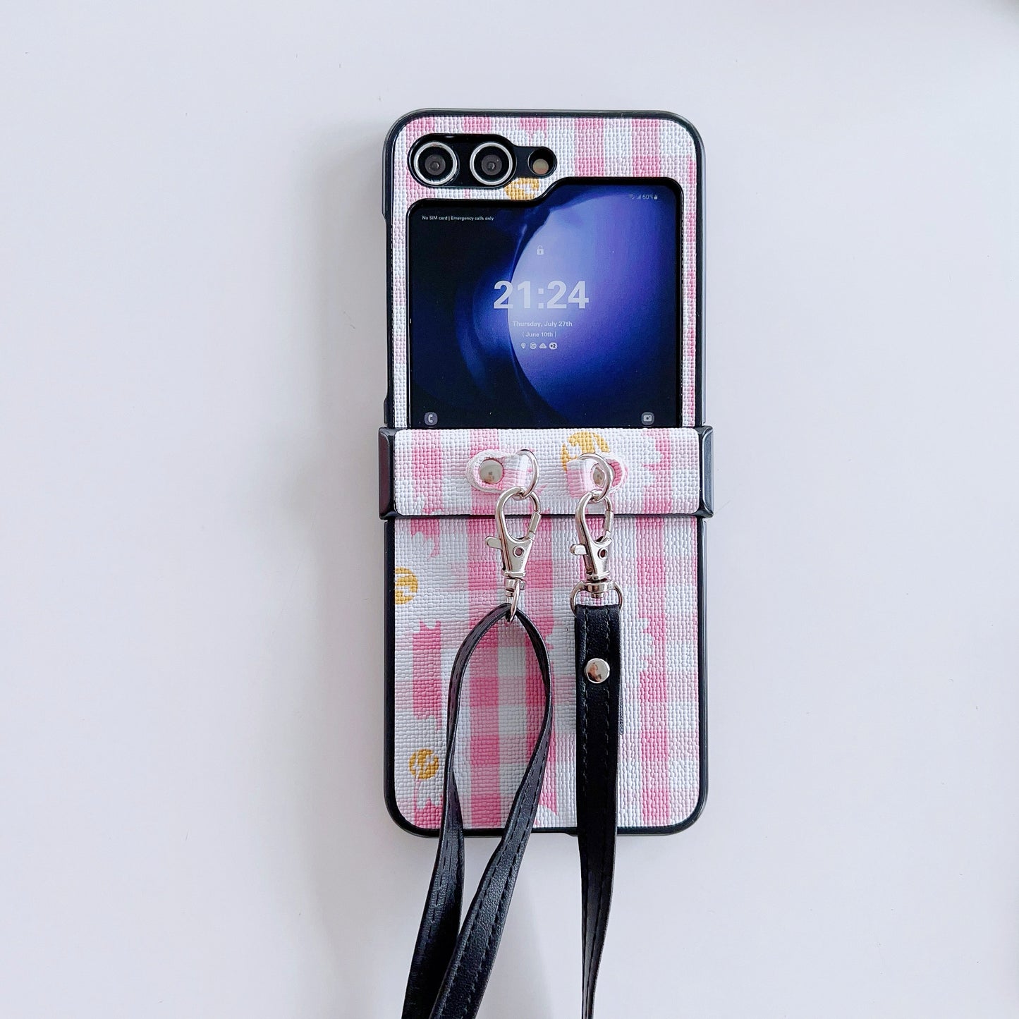 For Samsung Galaxy Z Flip6 5G Flower and Grids Pattern PU Leather Coated PC Phone Cover with Crossbody Strap - Pink+White