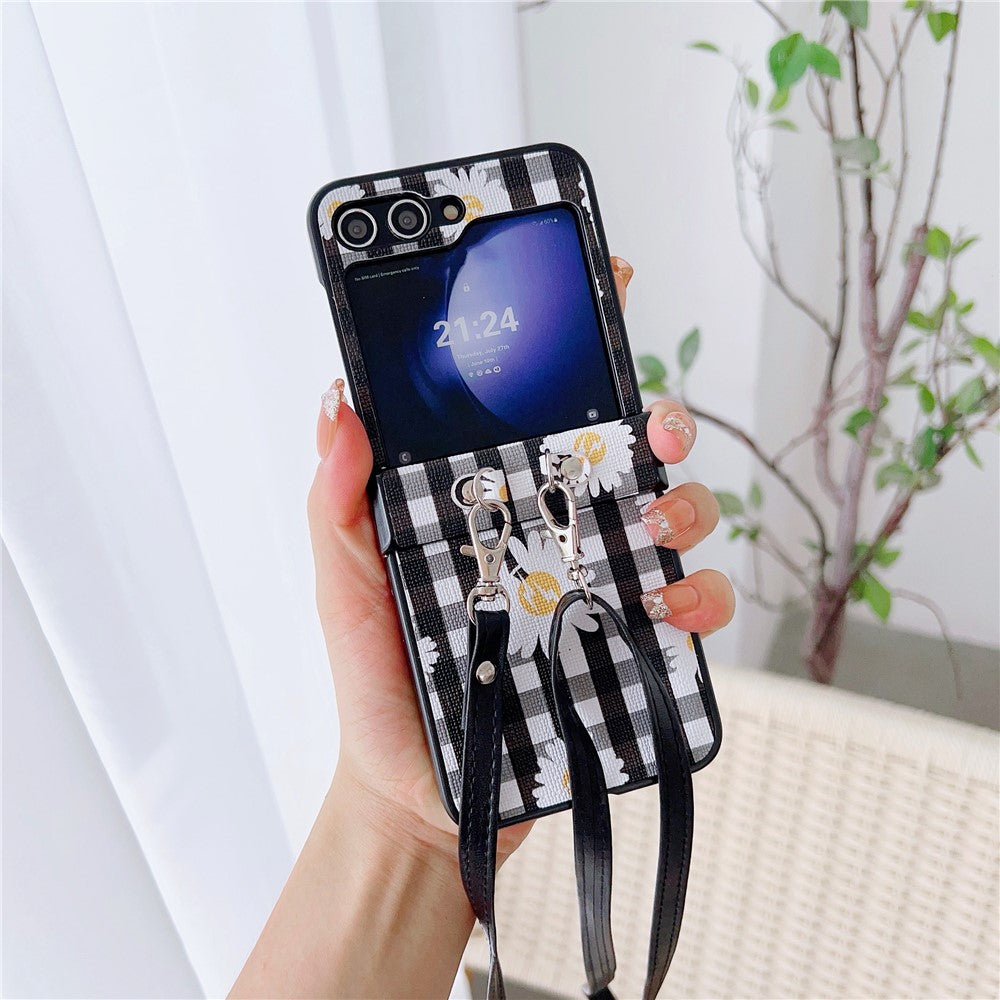 For Samsung Galaxy Z Flip7 FE 5G / Z Flip6 5G Flower and Grids Pattern PU Leather Coated PC Phone Cover with Crossbody Strap - Black+White