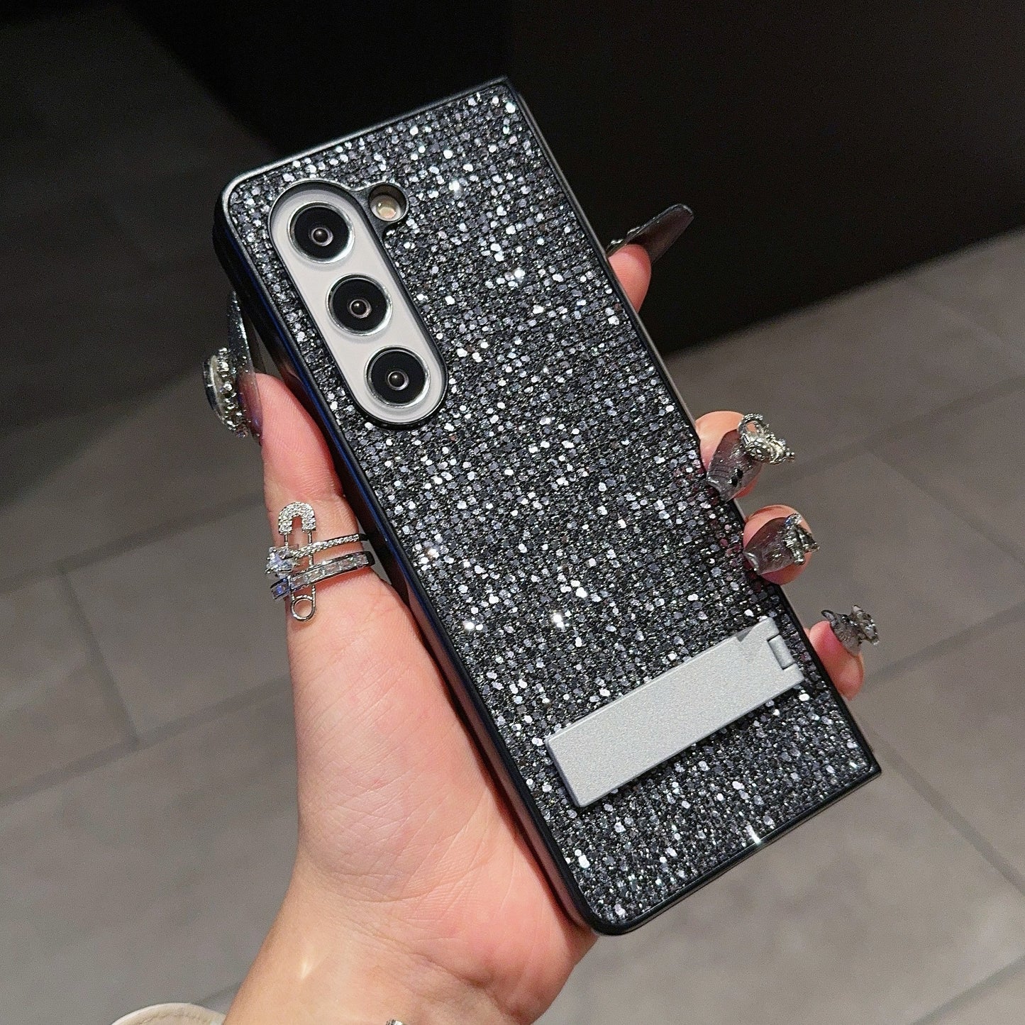 For Samsung Galaxy Z Fold6 5G Case Rhinestone Decor PU Leather Coated PC Phone Cover with Kickstand - Black / Grey