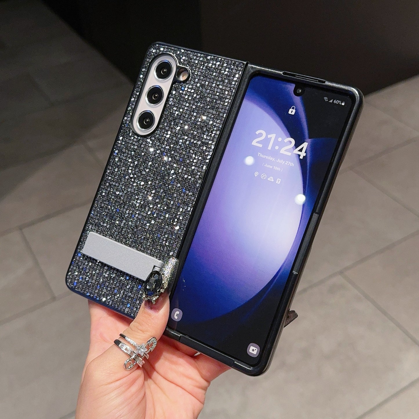 For Samsung Galaxy Z Fold6 5G Case Rhinestone Decor PU Leather Coated PC Phone Cover with Kickstand - Black / Grey