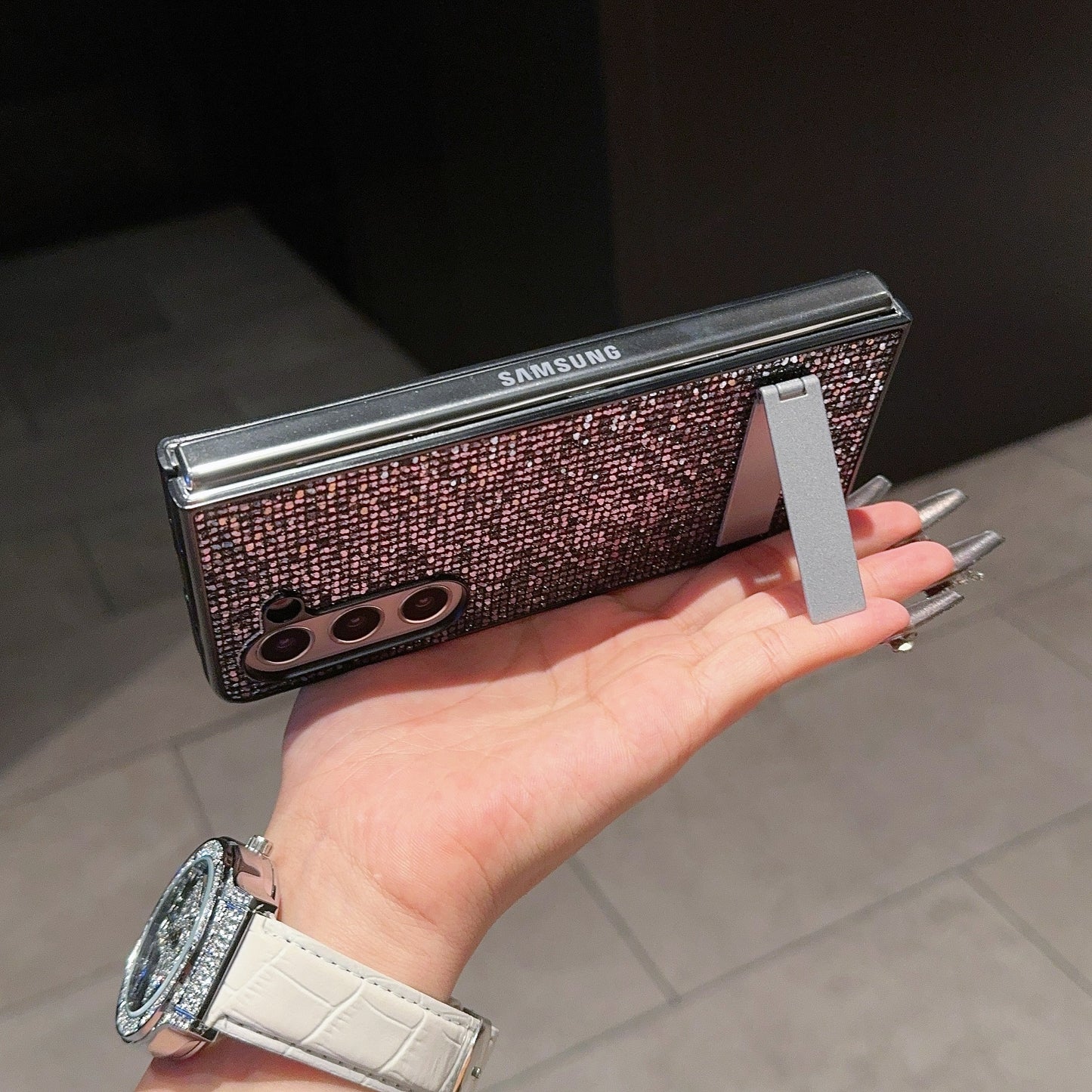 For Samsung Galaxy Z Fold6 5G Case Rhinestone Decor PU Leather Coated PC Phone Cover with Kickstand - Black / Grey