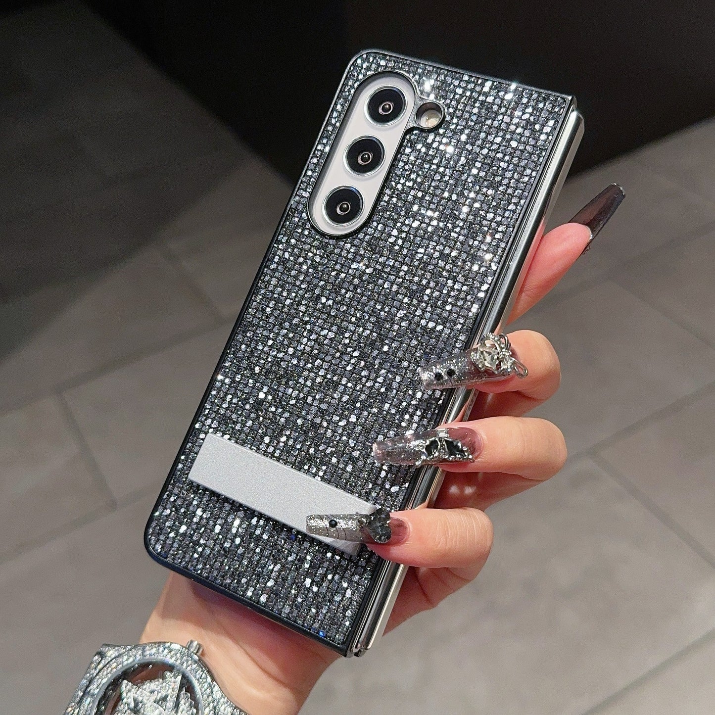 For Samsung Galaxy Z Fold6 5G Case Rhinestone Decor PU Leather Coated PC Phone Cover with Kickstand - Black / Grey