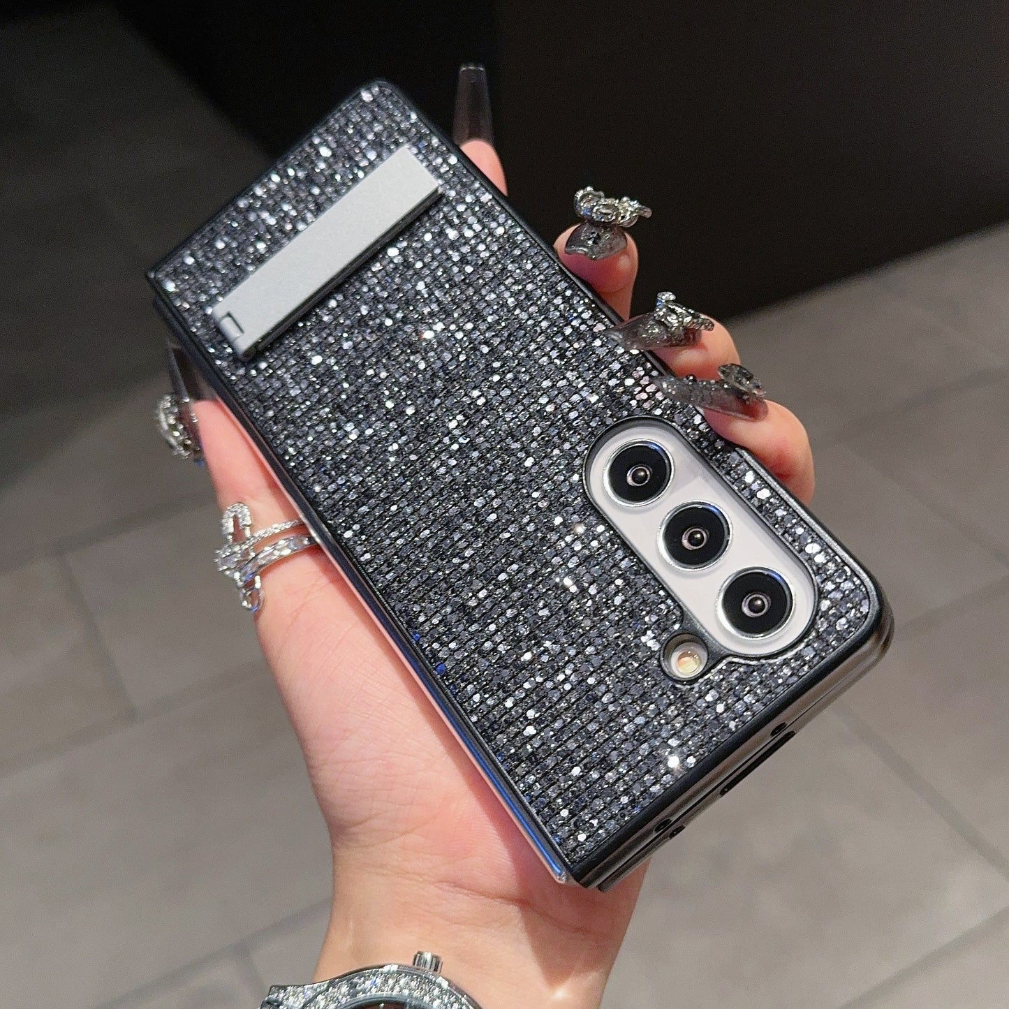 For Samsung Galaxy Z Fold6 5G Case Rhinestone Decor PU Leather Coated PC Phone Cover with Kickstand - Black / Grey